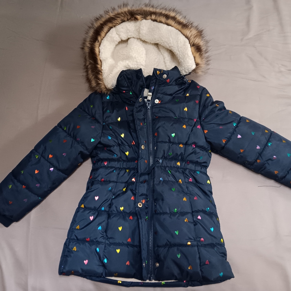 Kids Puffer Jacket with Faux Fur Hood - Multicolor Hearts